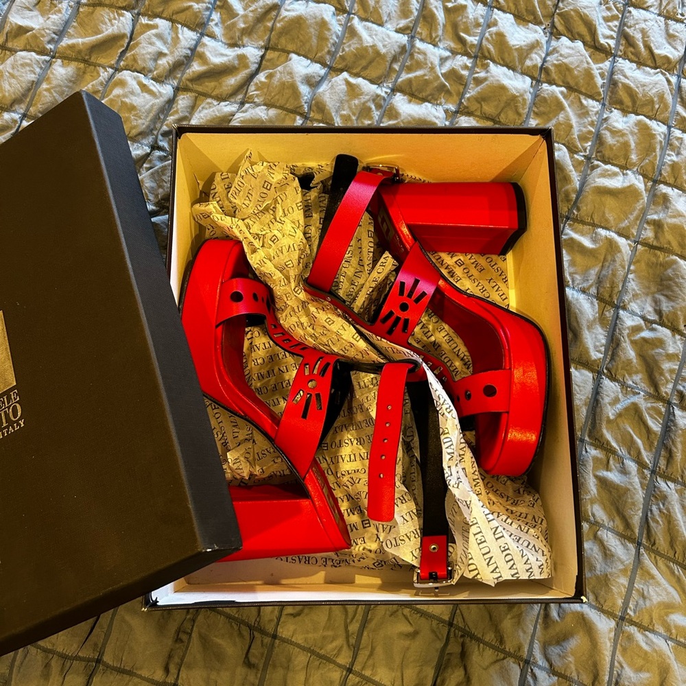 Elegant Red Strappy Heels by Emanuele Crasto